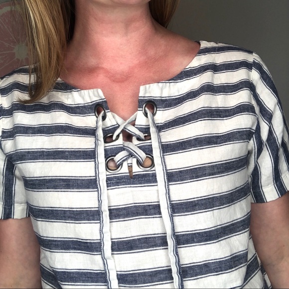 Madewell top grommet lace up blue stripe medium - Picture 2 of 8